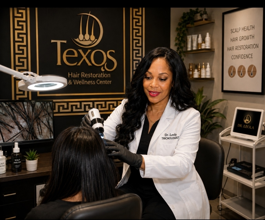 Trichologist Dr. Leola Anifowoshe examining a client's scalp with a handheld scalp-imaging device